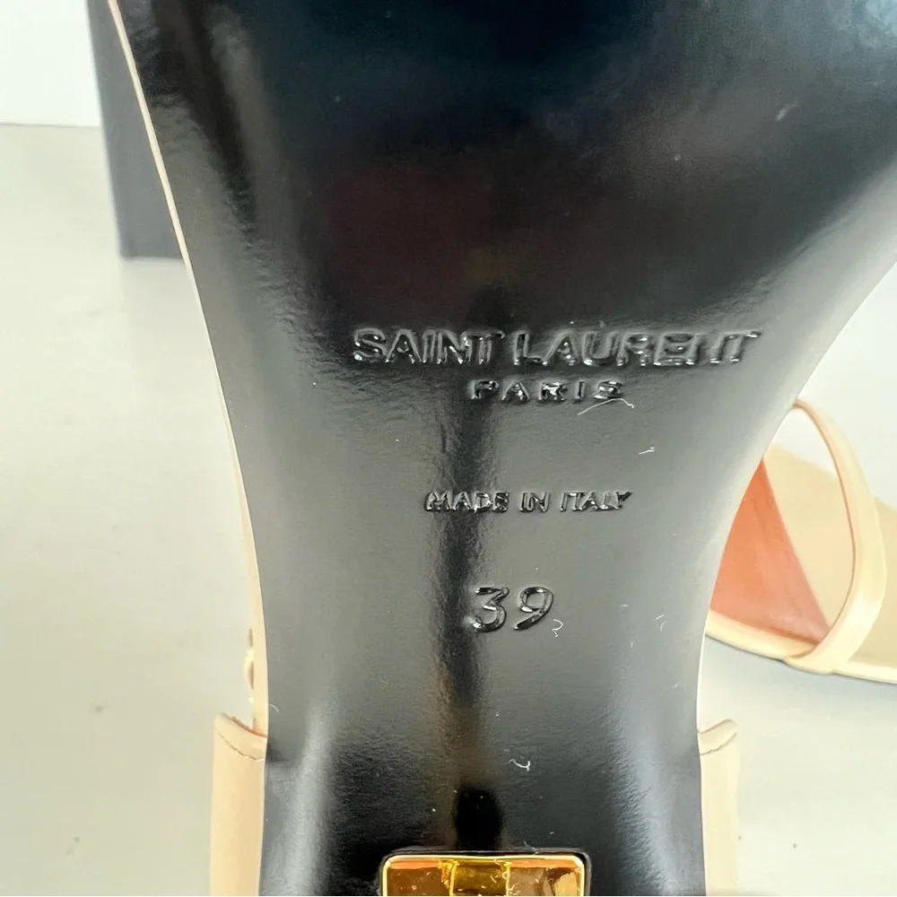 SAINT LAURENT Opyum Beige Leather Ankle Strap Open Toe Heel Sandals Sz 39 NWT